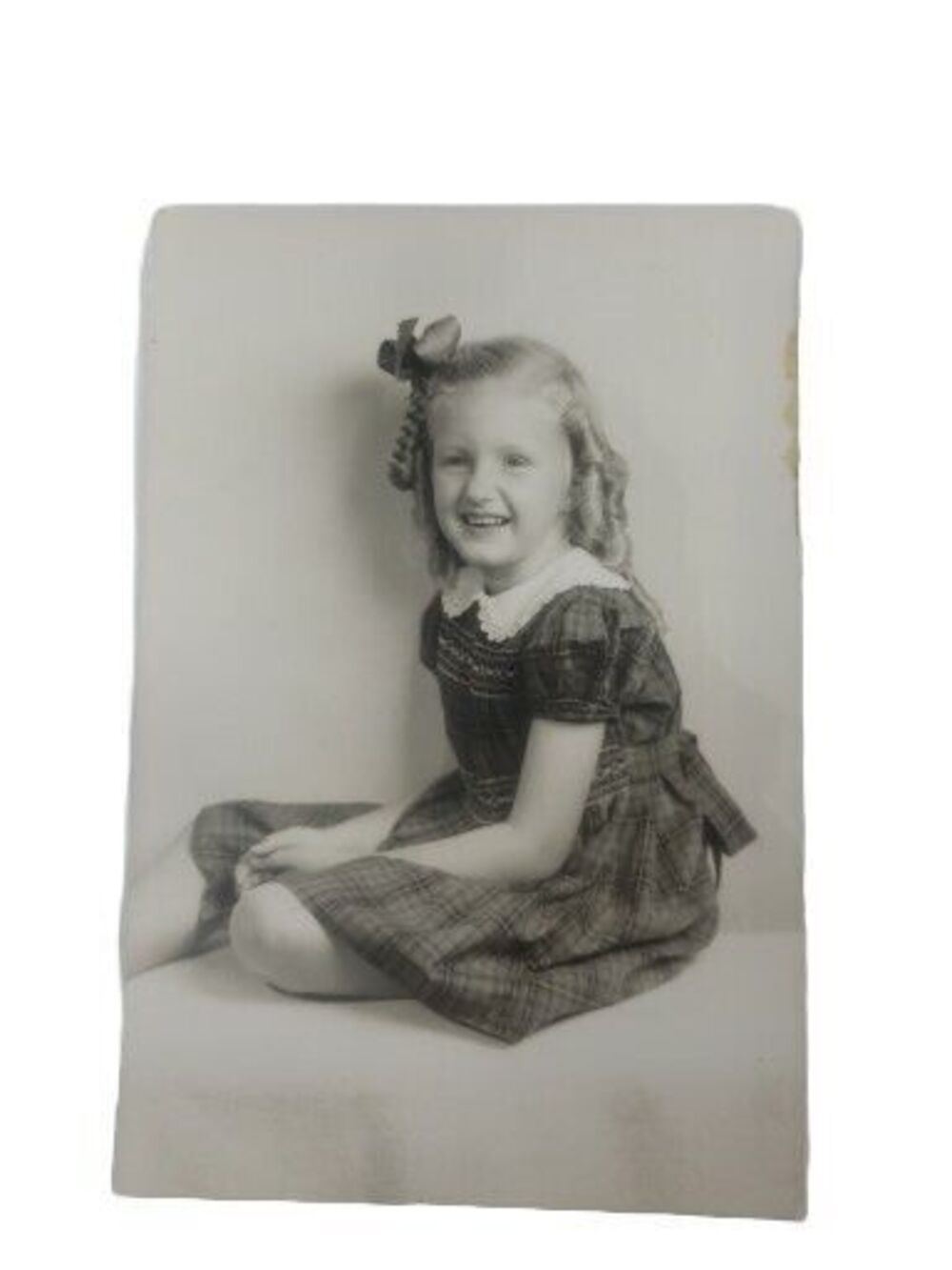 Vintage Photo Young Blonde Girl Curls Bow Ribbon in Hair Smiling Plaid Dress B&W